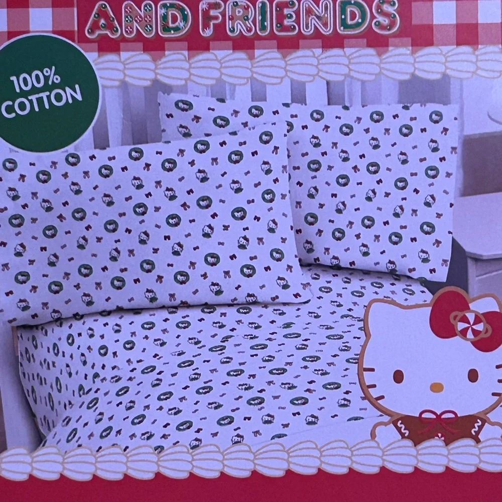 HELLO KITTY Christmas Wreaths And Bows Queen Sheet Set Made By Sanrio NWTS